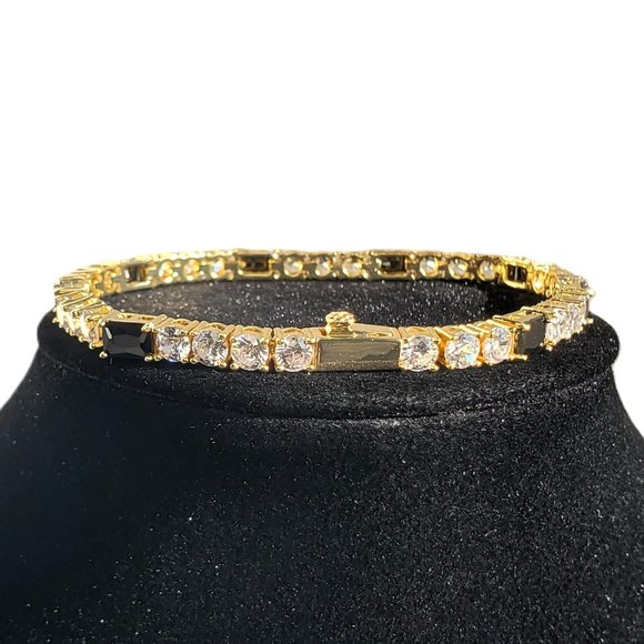 18K Gold 2ct Black Onyx Diamond Womens Gemstone Tennis Bracelet